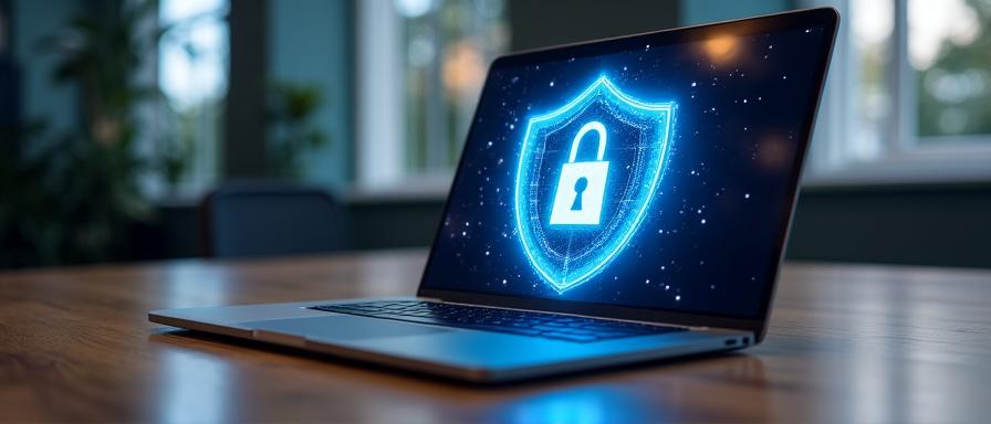 A conceptual image of digital security and data protection, featuring a shield and glowing connection dots over a clean desk surface