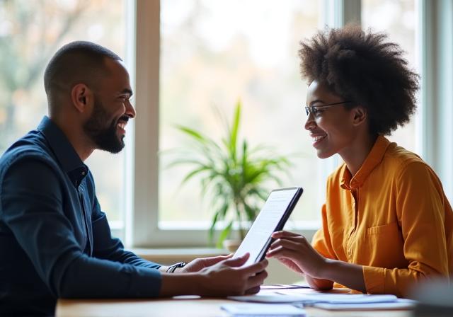 A professional career consultant reviewing a resume with a smiling new arrival in a bright office