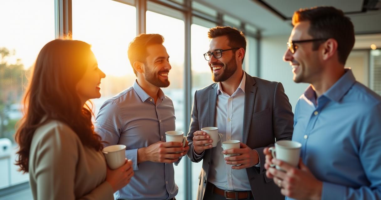 A diverse group of professionals chatting informally in a bright Melbourne office